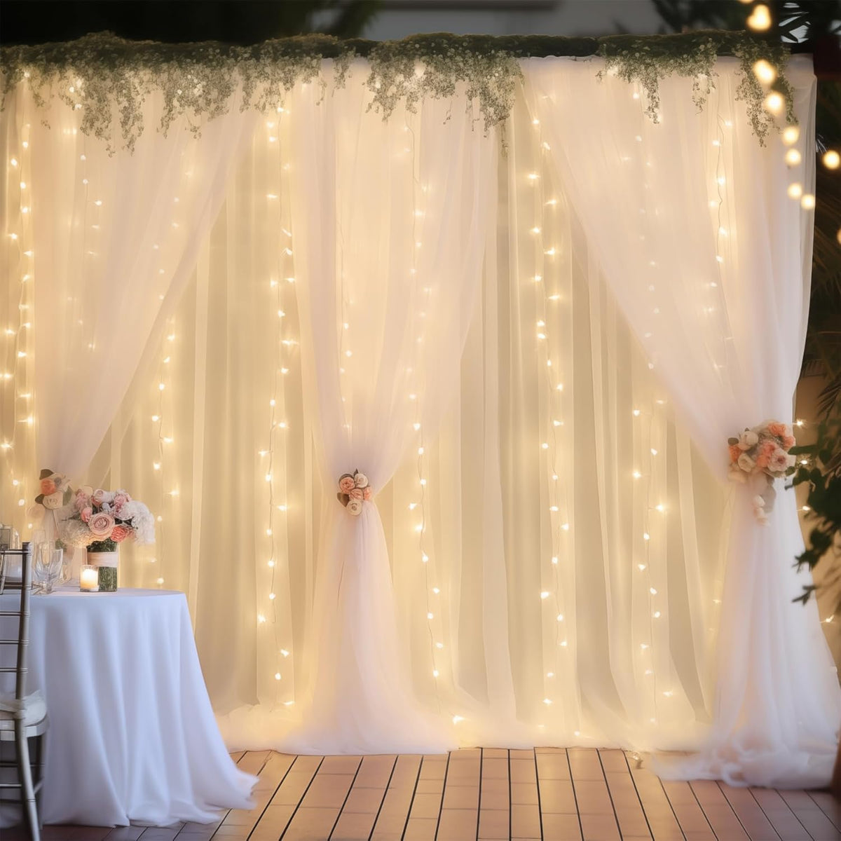 30×10ft White Tulle Backdrop Curtain with Lights String for Parties, Sheer Photo Backdrop Curtains