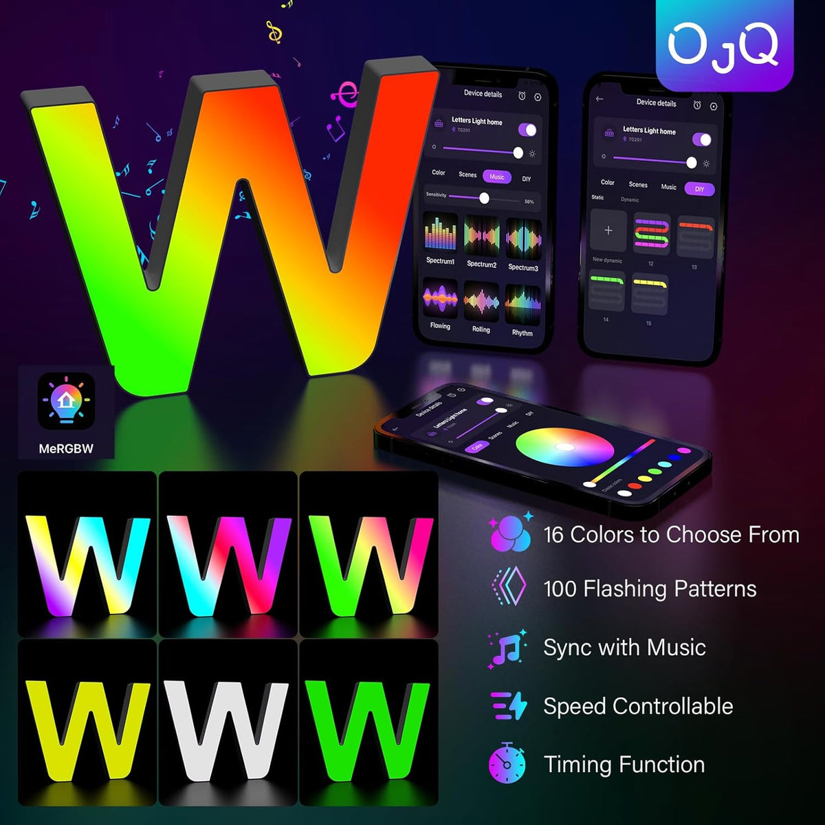 OJQ Light Up Letters LED Letter - Marquee Letters Room Decor Alphabet Letter Music Sync Color