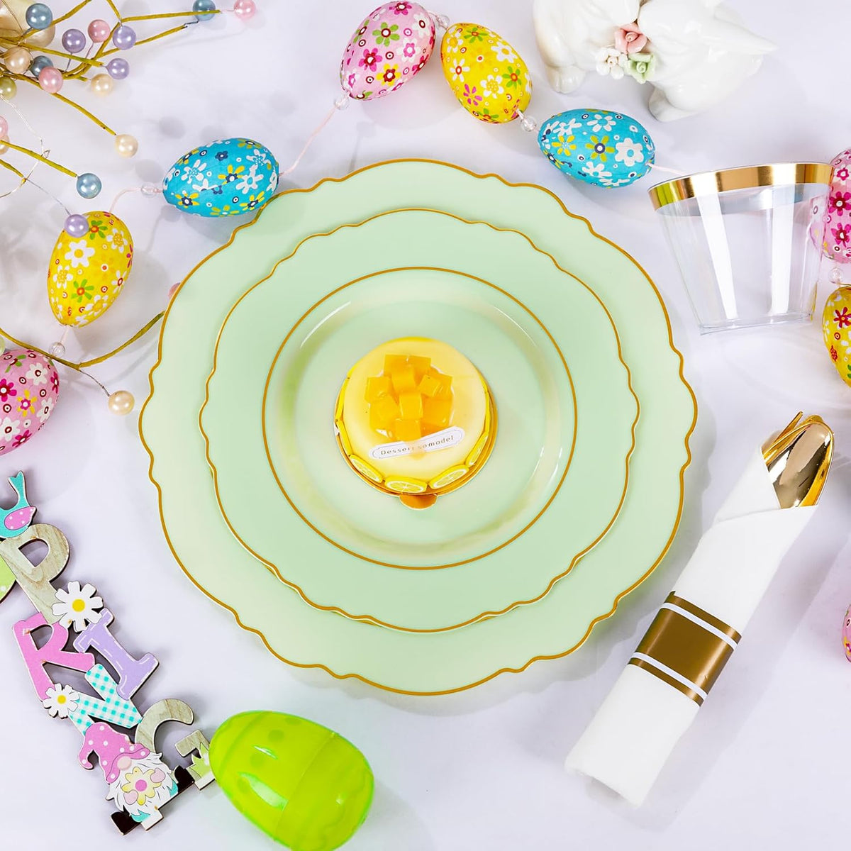 Liacere 350PCS Light Green Plates - Disposable Green and Gold Plastic Plates 50guest Baroque