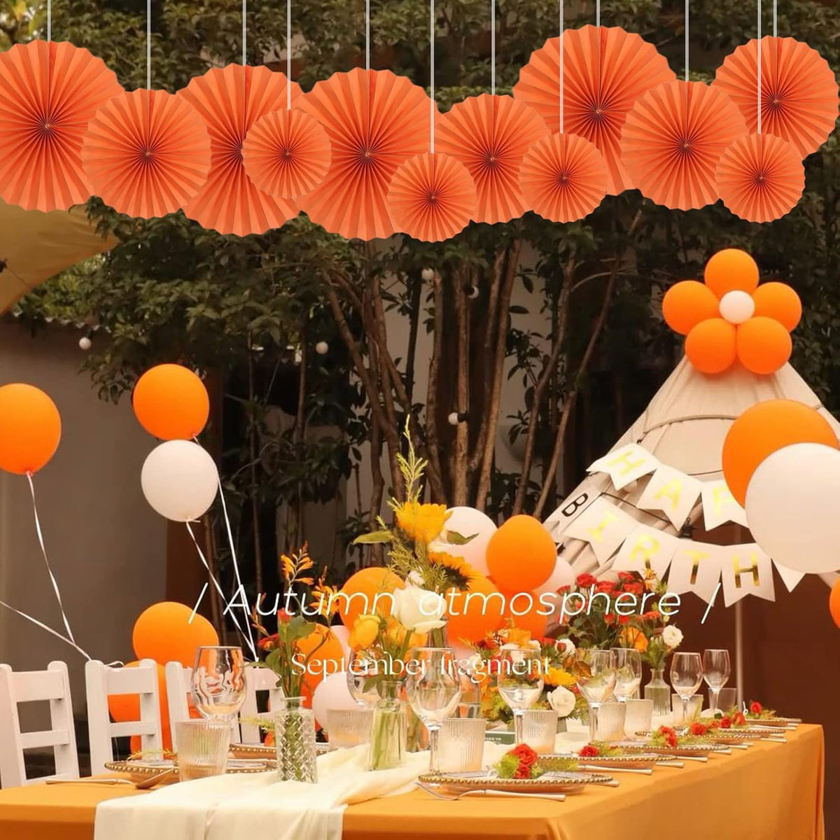 Orange Hallowmas Party Hanging Fans DIY Set - 12pcs Paper Fans with Pinwheels - DIY Paper Craft for