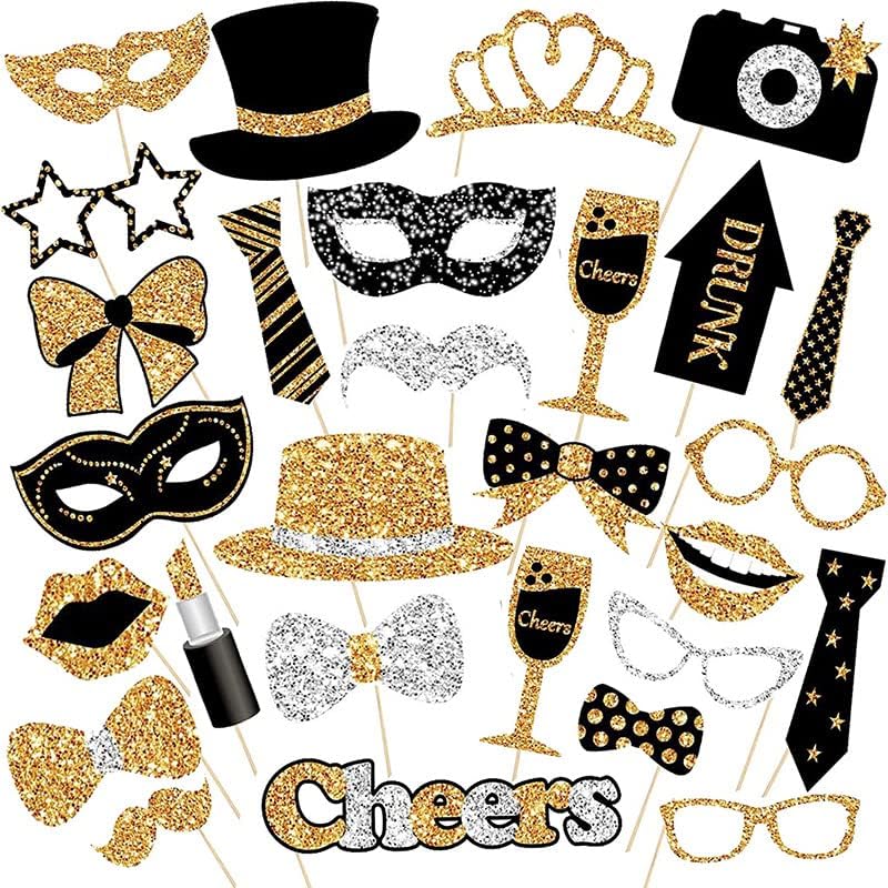 30 Pieces Black Golden Photo Booth Props for Birthday Wedding New Year Party,Mix of Hats, Mask