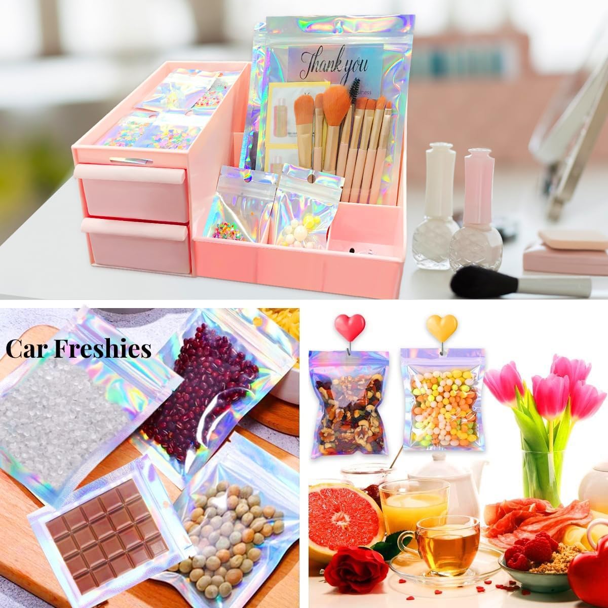 100 Pcs Holographic Resealable Packaging Bags for Small Business Supplies, Cute Small Color Smell