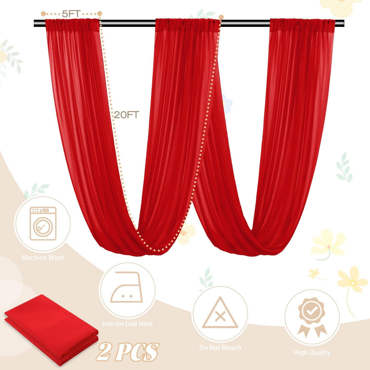 FUHSY Red Ceiling Drapes for Wedding Ceiling Drapes 5FTx20FT 2 Panels Sheer Ceiling Drapes for