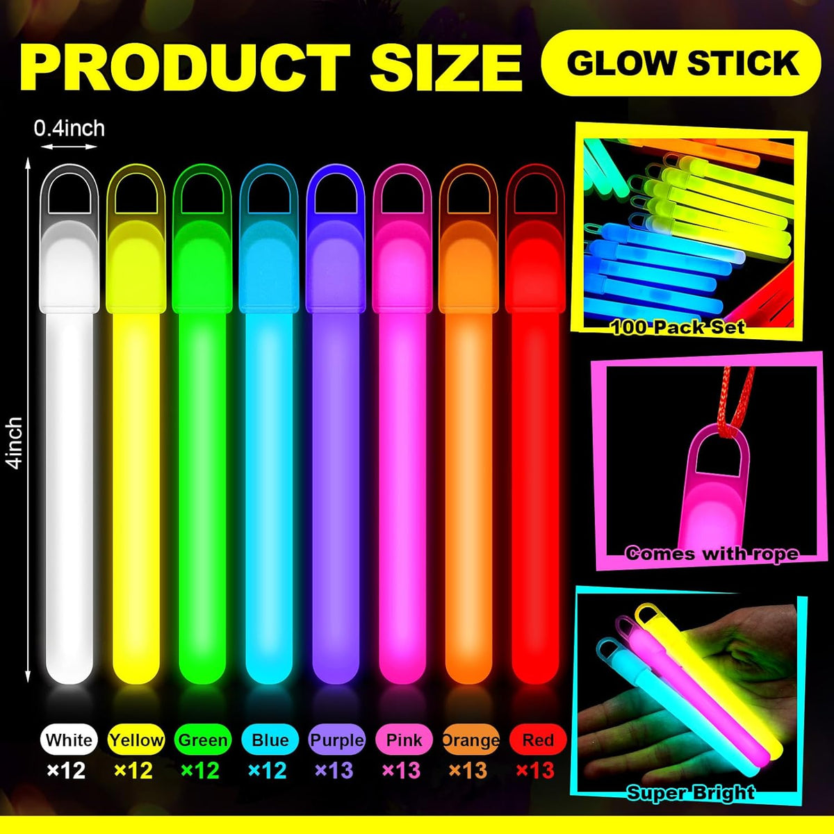 Lewtemi 4" or 6" 100 Pack Bright Glow Sticks Bulk, Glow in The Dark Party Supplies Birthday and