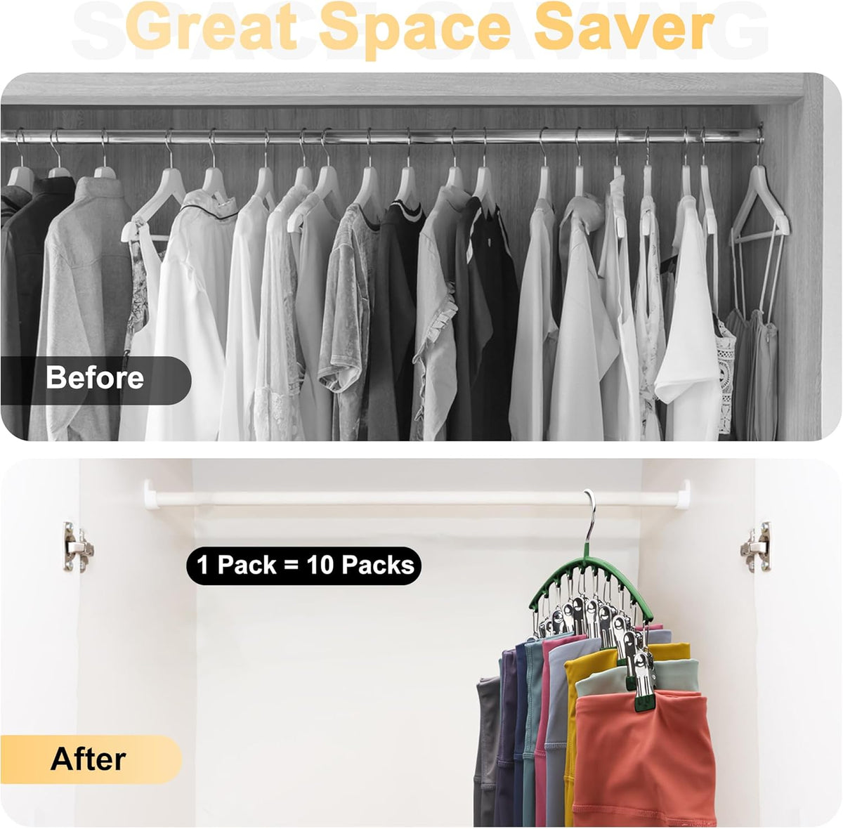 Legging Organizer for Closet, Metal Yoga Pants Hangers 1 Pack w/10 Clips Holds 10 Leggings, Space