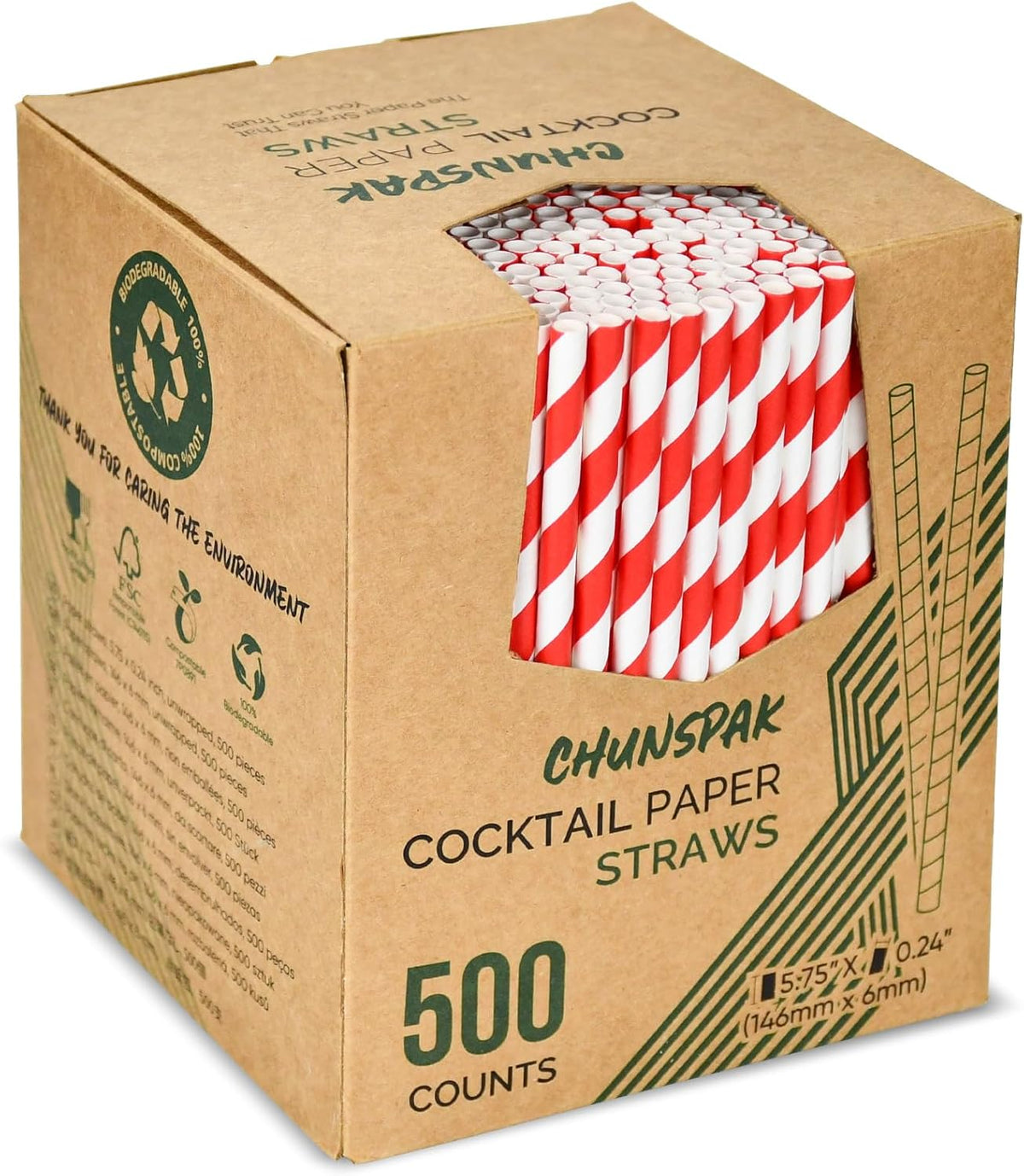 [500 Counts] Chunspak 5.75 inch Disposable Red White Striped Small Paper Straws for Cocktail