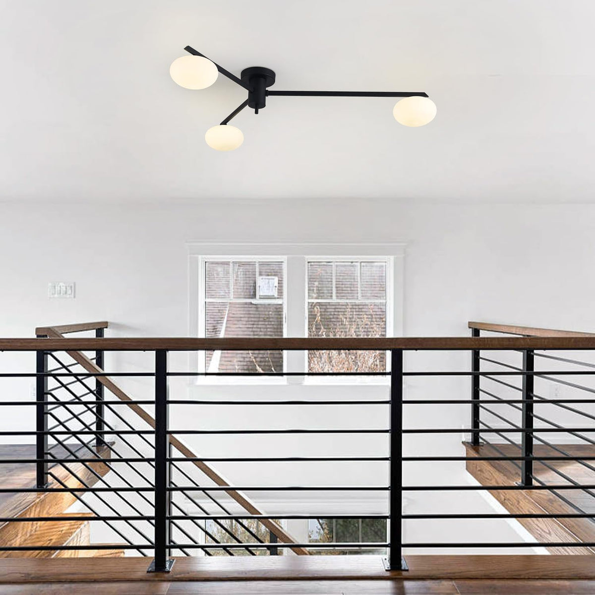 3-Light Modern Sputnik Chandelier with Milk Glass Shade - Black Flush Mount Ceiling Light for