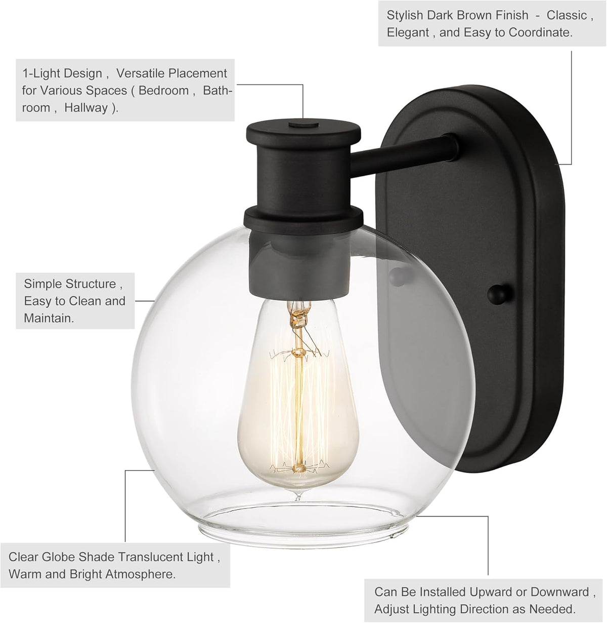 Dan Modern Farmhouse 1-Light Wall Sconces Light with Clear Glass Globe Shade in Dark Bronze Finish