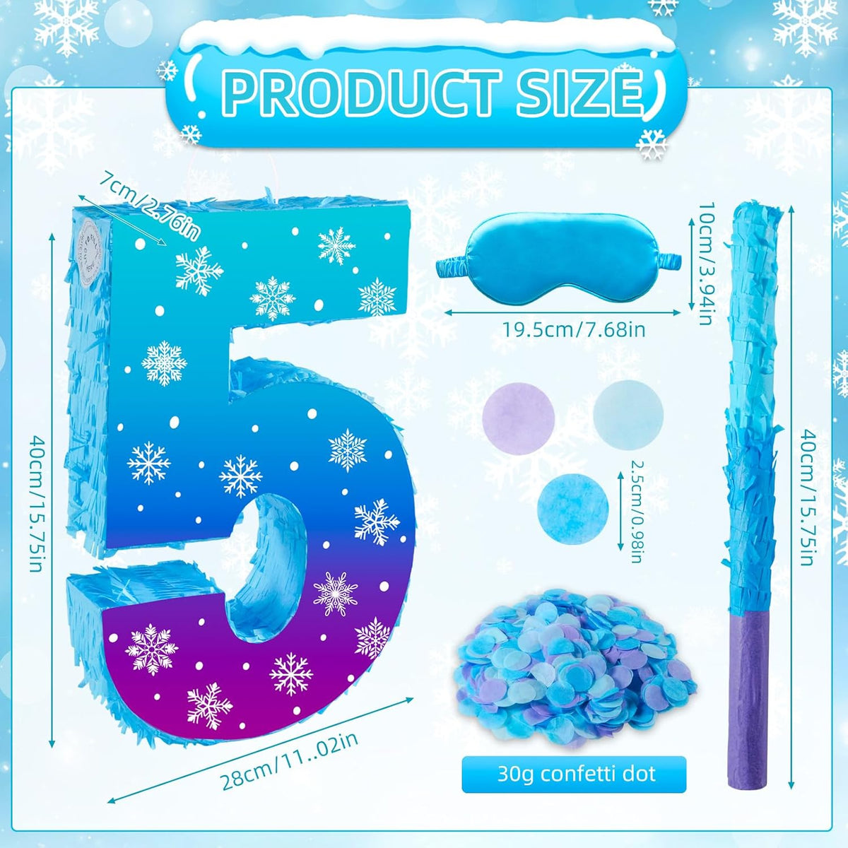 Snowflake Birthday Decorations, Winter Ice Snowflake Number 5 Pinata with Stick Blindfold and