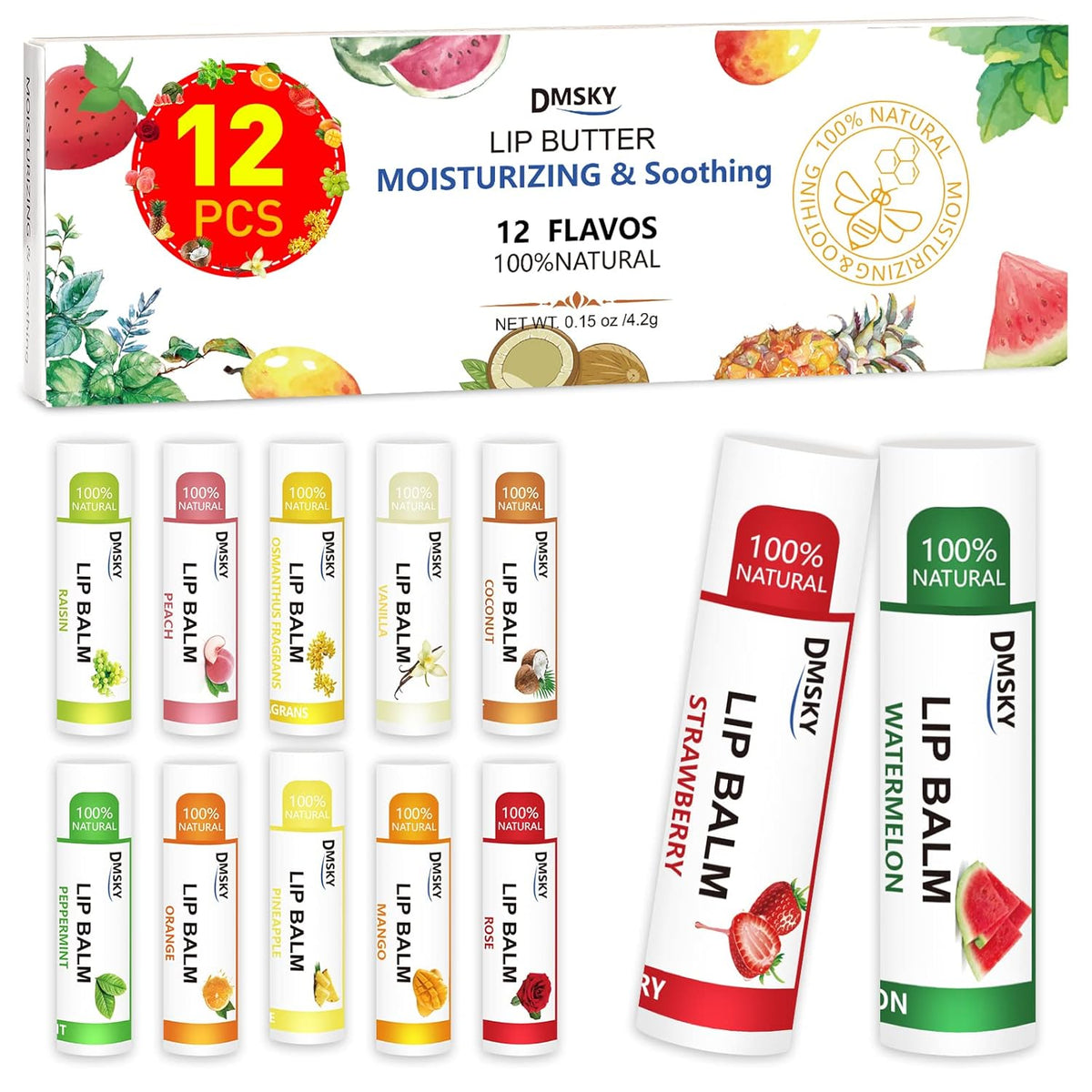 DMSKY 12 Pack Lip Balm, Natural Lip Balm Bulk with Vitamin E and Coconut Oil, Moisturizing Lip Balm