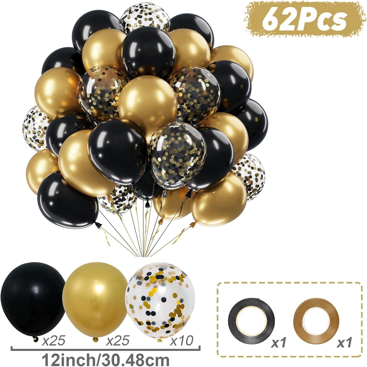 Netnology Black and Gold Balloons Set, 60Pcs 12 Inch Black Balloon Metallic Gold Balloon Gold