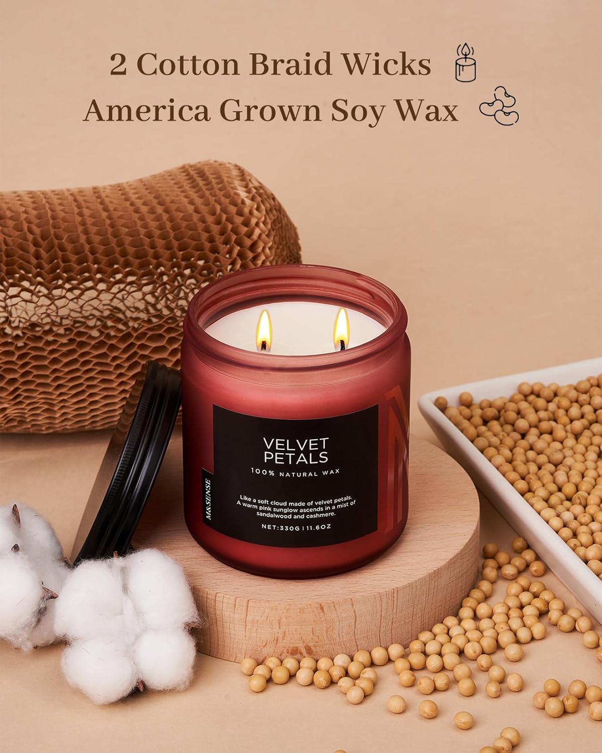 M&SENSE Velvet Petals Soy Candles for Home Scented, Organic Natural Soy Wax 11.6oz 70 Hour Long
