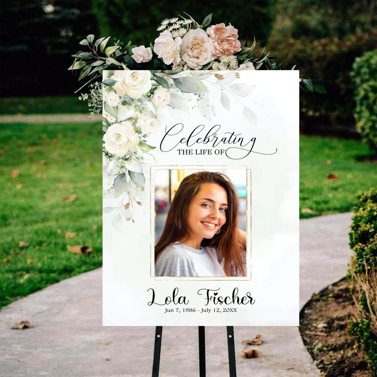 Funeral Welcome Sign with Photo, White Greenery Funeral Welcome Sign, Celebration of Life