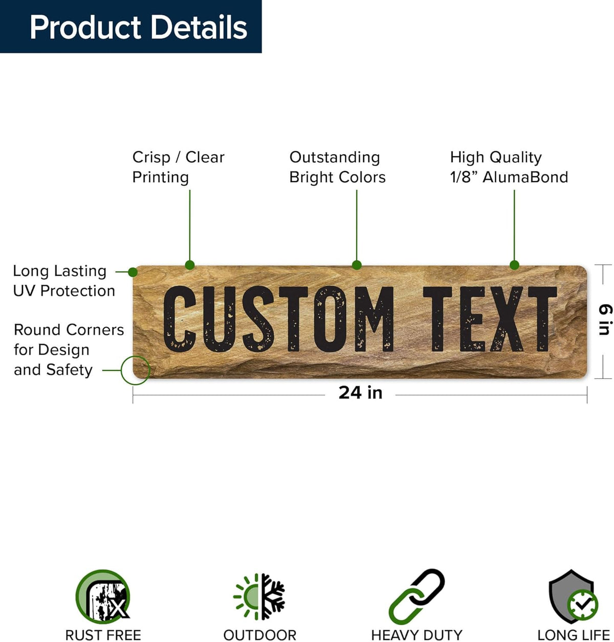 Custom Sign, Custom Street Sign, 11 Font Colors, 13 Font Styles, 4 Hole Options, 22 Sizes, 6x24