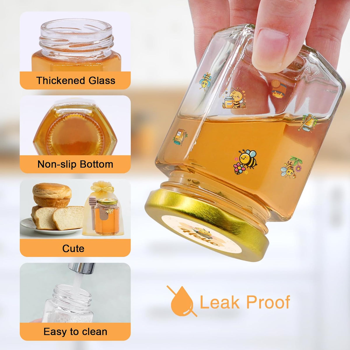 35 Pack 4 oz Mini Hexagon Glass Honey Jars with Dippers, Gold Lids, Bee Stickers, Bee Charms, Gift