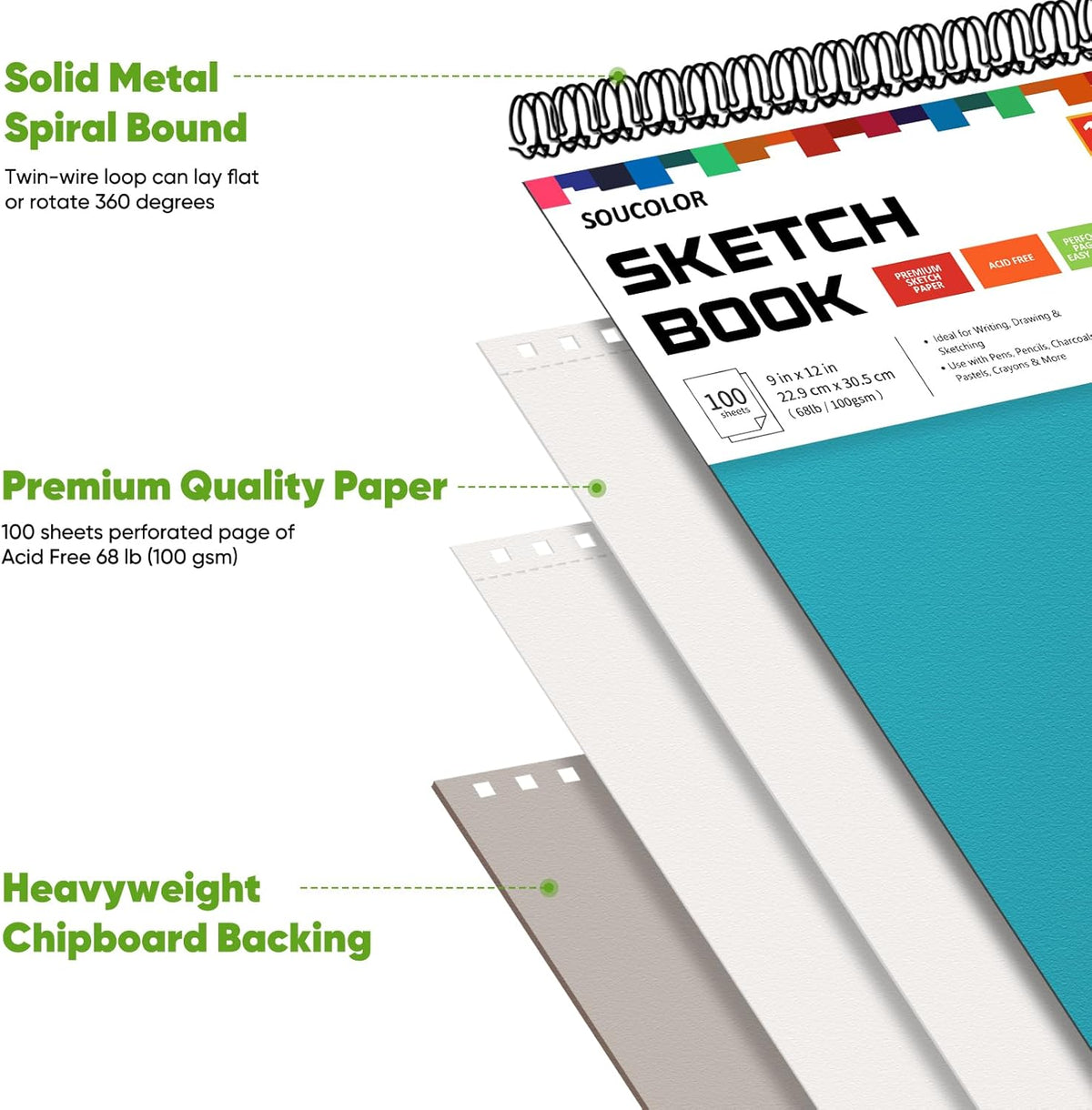 Soucolor School Supplies 9" x 12" Sketch Book for High College Teacher Student, 1-Pack 100 Sheets