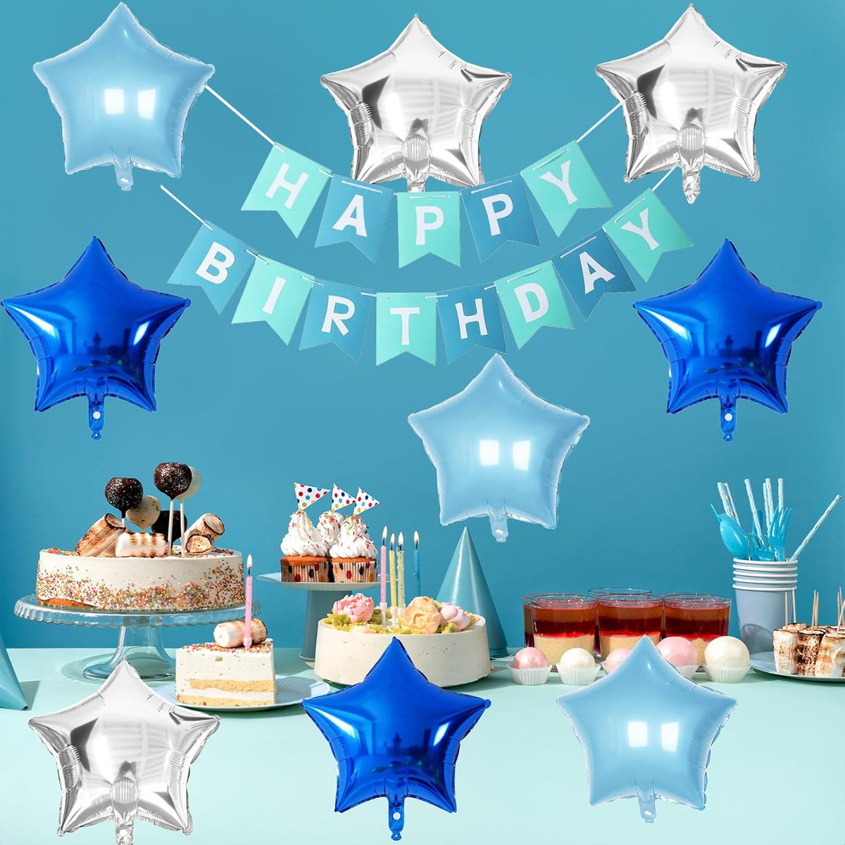 Blue Star Foil Balloons, 18 Inch Royal Blue Silver Stars Shape Mylar Helium Balloons 12 Pcs Large
