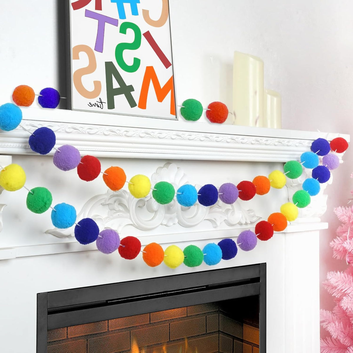 TBD Decor 2pk Rainbow Color Pom Pom Garland 13FT Colorful Large Felt Ball Garland for Mantle,Indoor