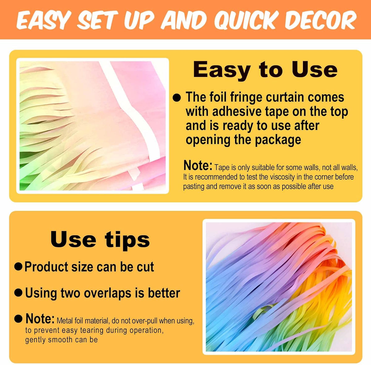6 Pack Light Rainbow Foil Fringe Curtains Backdrop, 3.28 x 8.2 Ft Metallic Streamers Tinsel