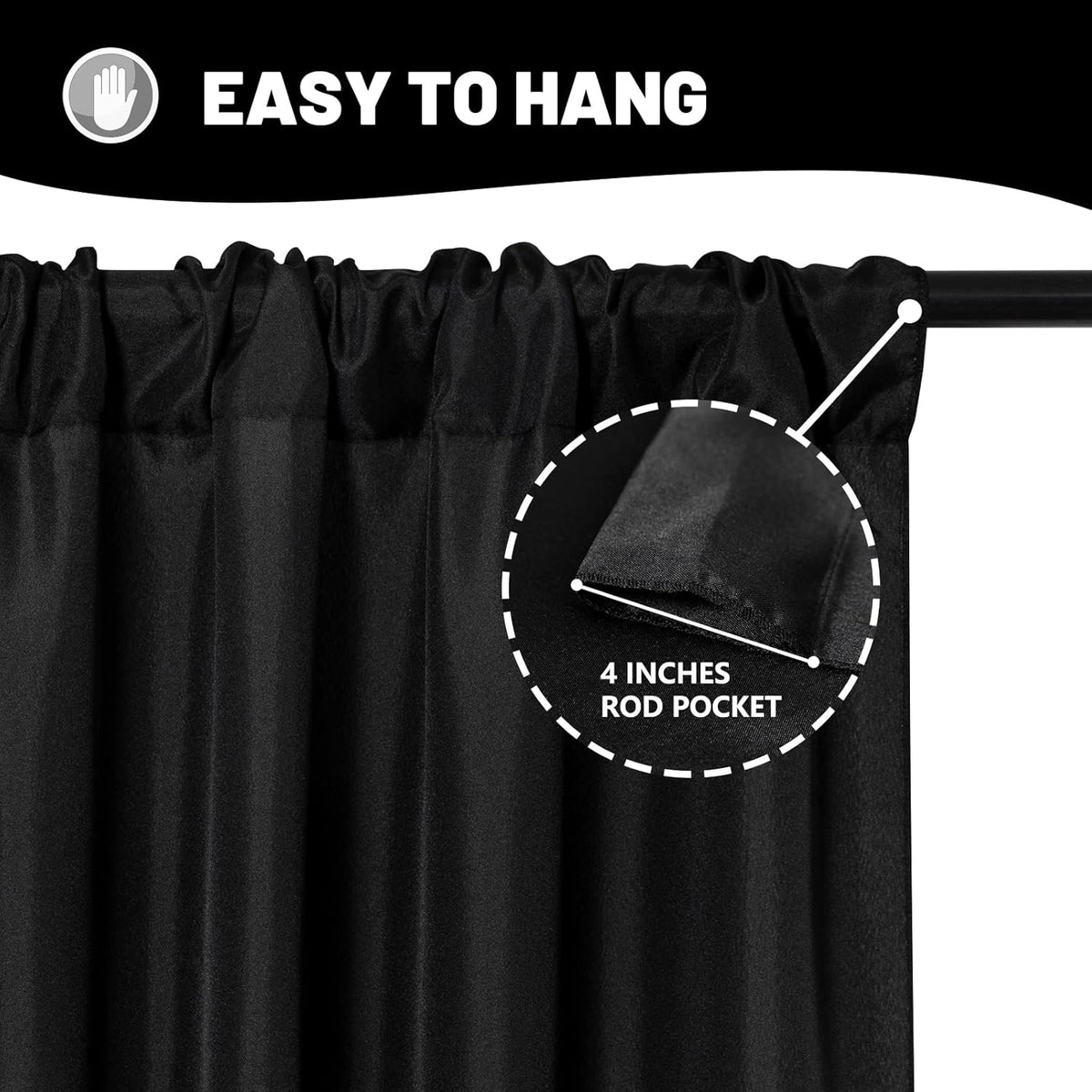 Black Backdrop Curtain for Party, Background Drapes Panels with Rod Pocket, Wrinkle Free Black