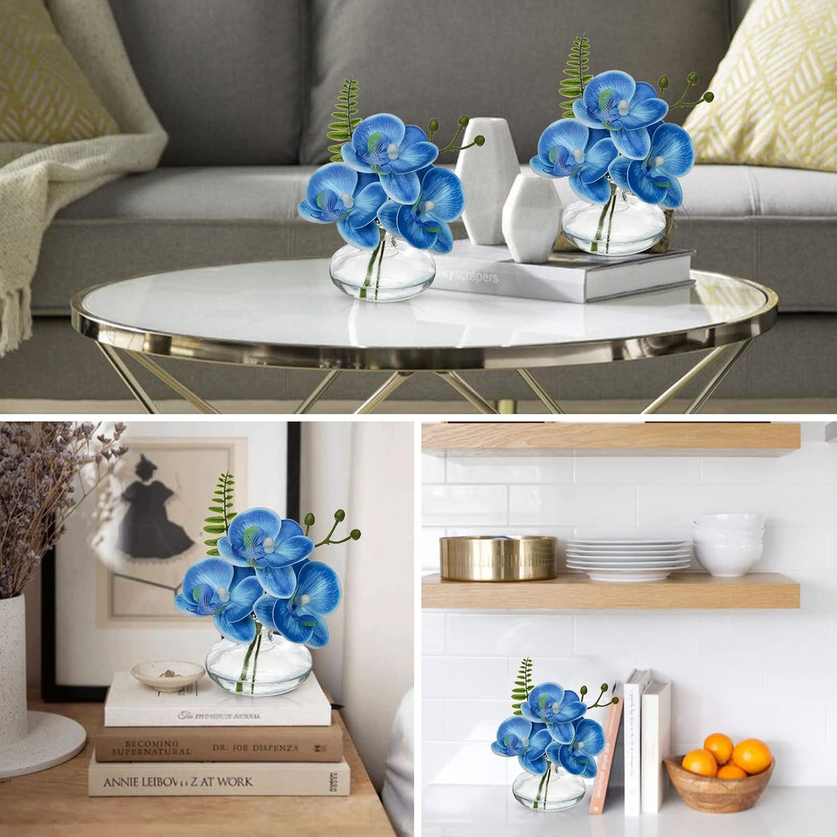 Blue Orchids Artificial Flowers Faux Orchids Arrangement in Clear Glass Vases Set of 3 Real Touch