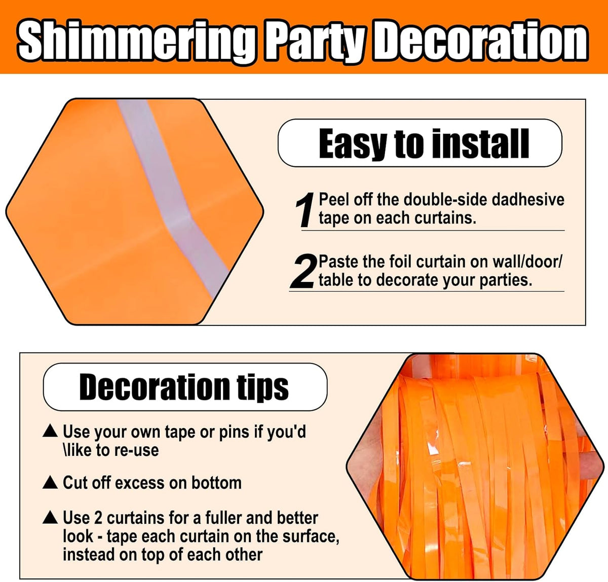 3 Pack Macaron Orange Foil Fringe Curtain Backdrop, 3.28Ft x 8.2Ft Metallic Tinsel Foil Fringe
