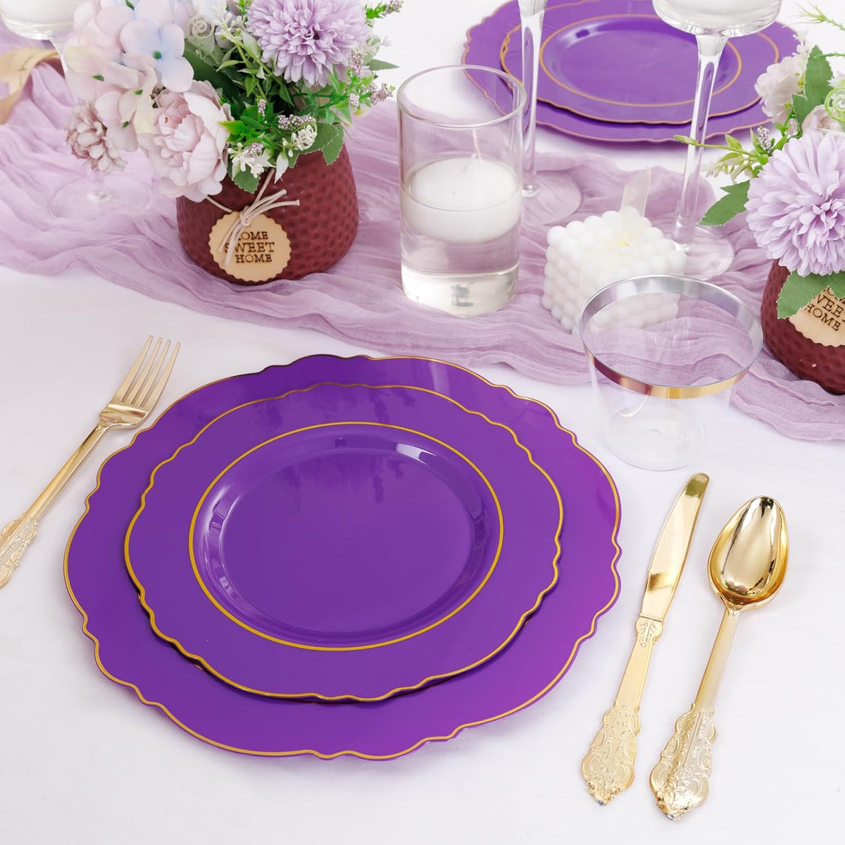 Liacere 350PCS Purple Plastic Plates-Disposable Purple and Gold Plates 50 guest Baroque Plastic