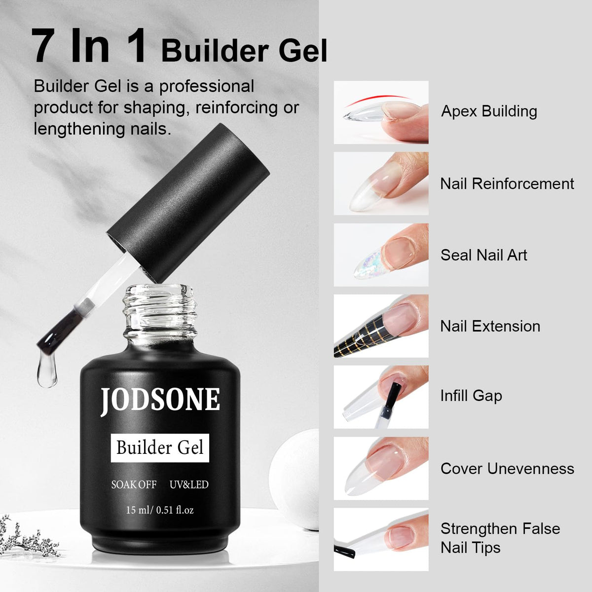 JODSONE 4 Bottles of 15ML Nail Primer Base Coat Top Coat and Builder Gel Which Helps Better Fit the