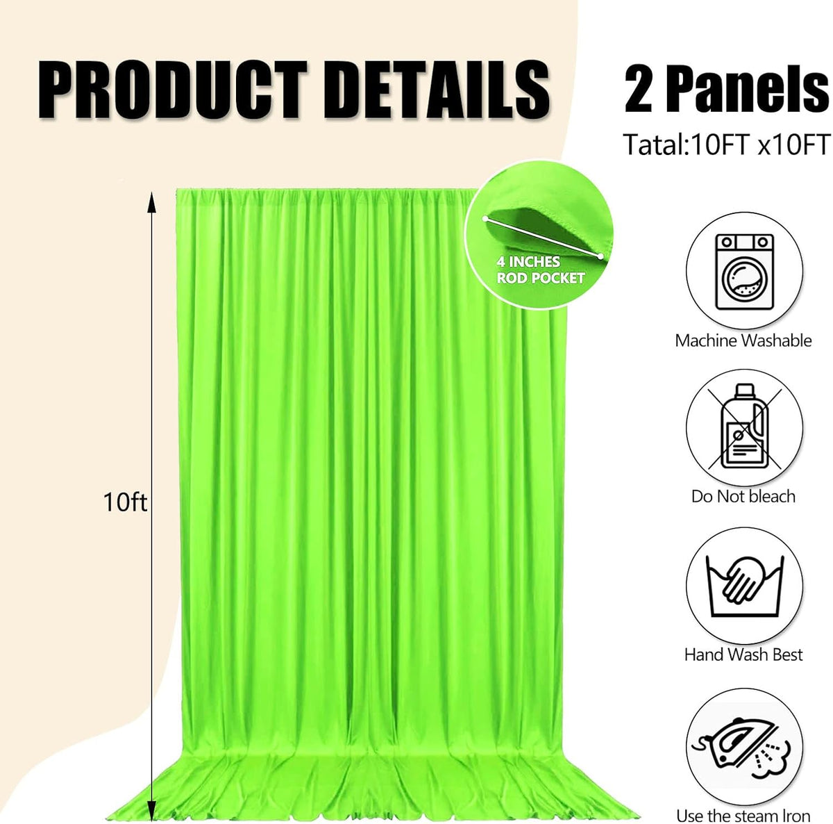 10ft x 10ft Fresh Green Backdrop Curtains for Parties, Fabric Satin Background Curtain with Rod