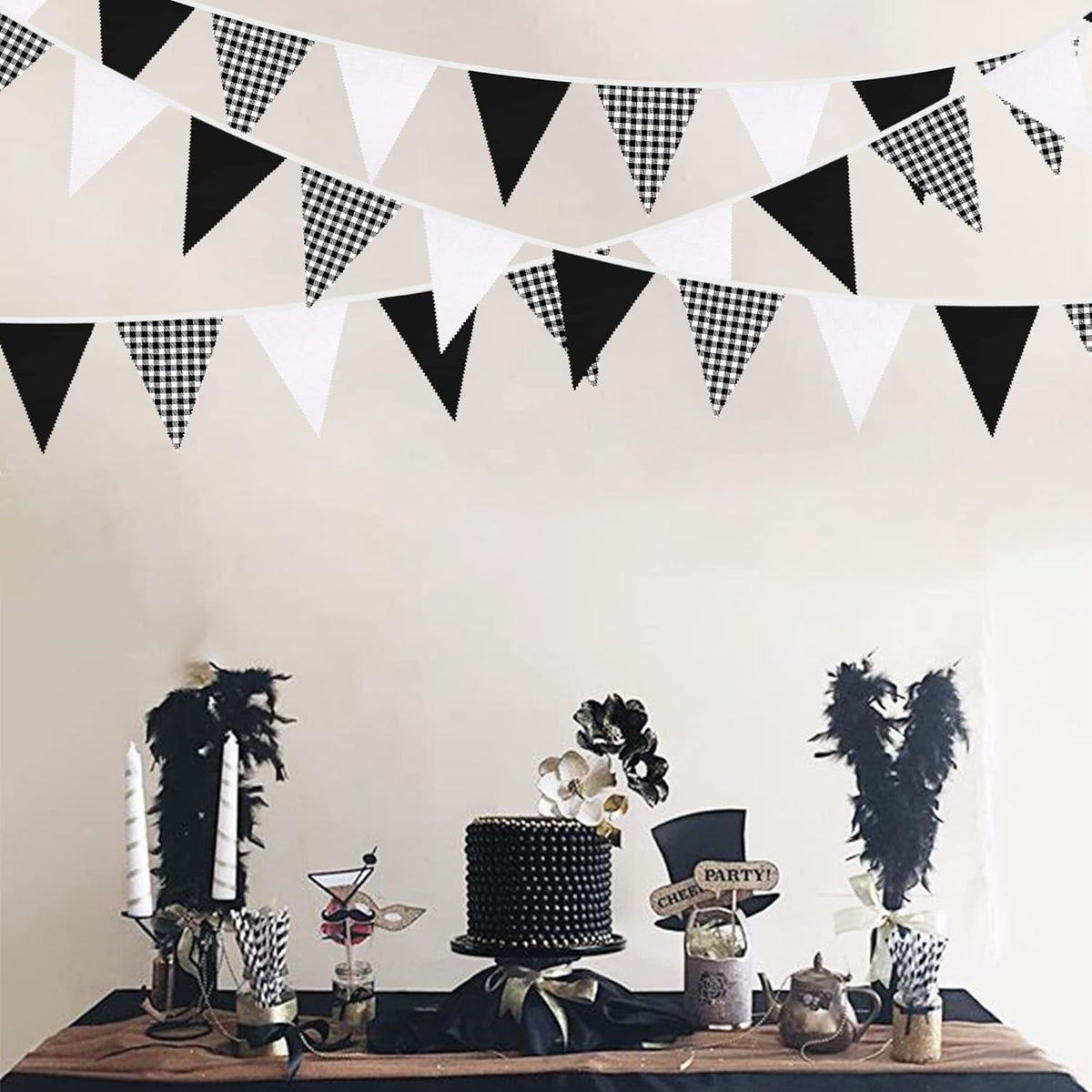 32Ft Black Party Decorations Black Buffalo Plaid Checkered White Triangle Flag Gingham Pennant