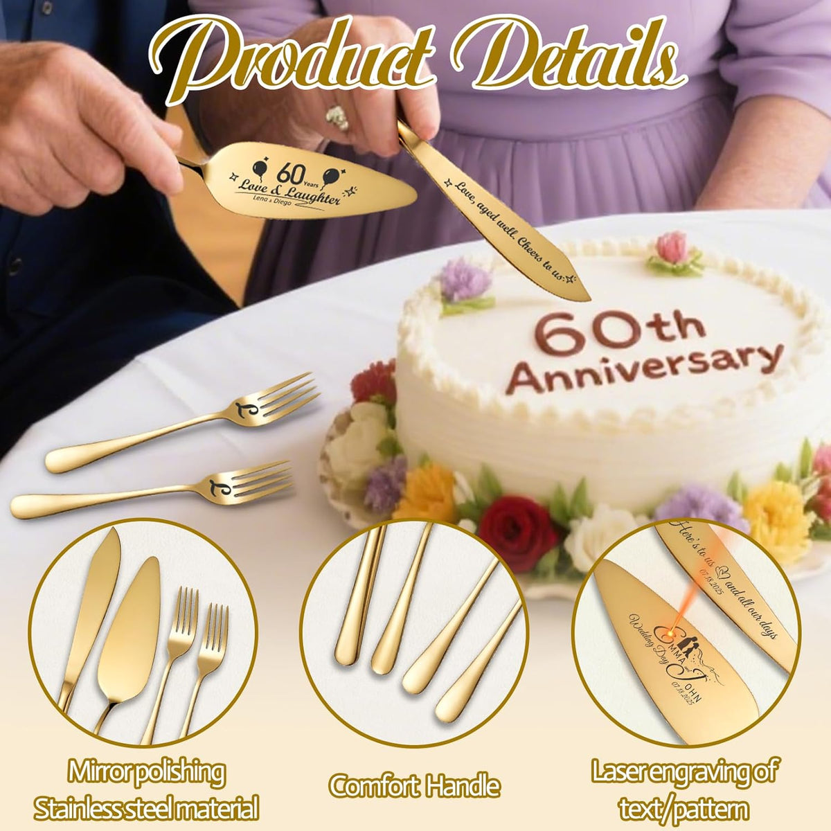 Personalized 4 Piece Wedding Cake Cutting Set, Custom Names Cake Knife and Server set with Forks