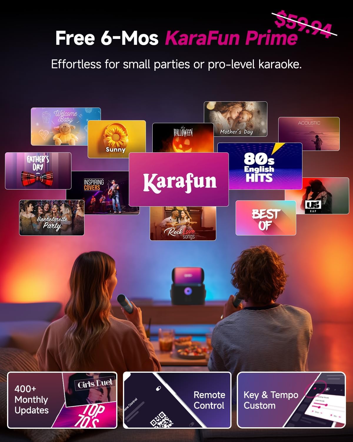 Ikarao Portable Karaoke Machine for Adults, Built-in Lyrics Display and Screen, 2 Self-Charging