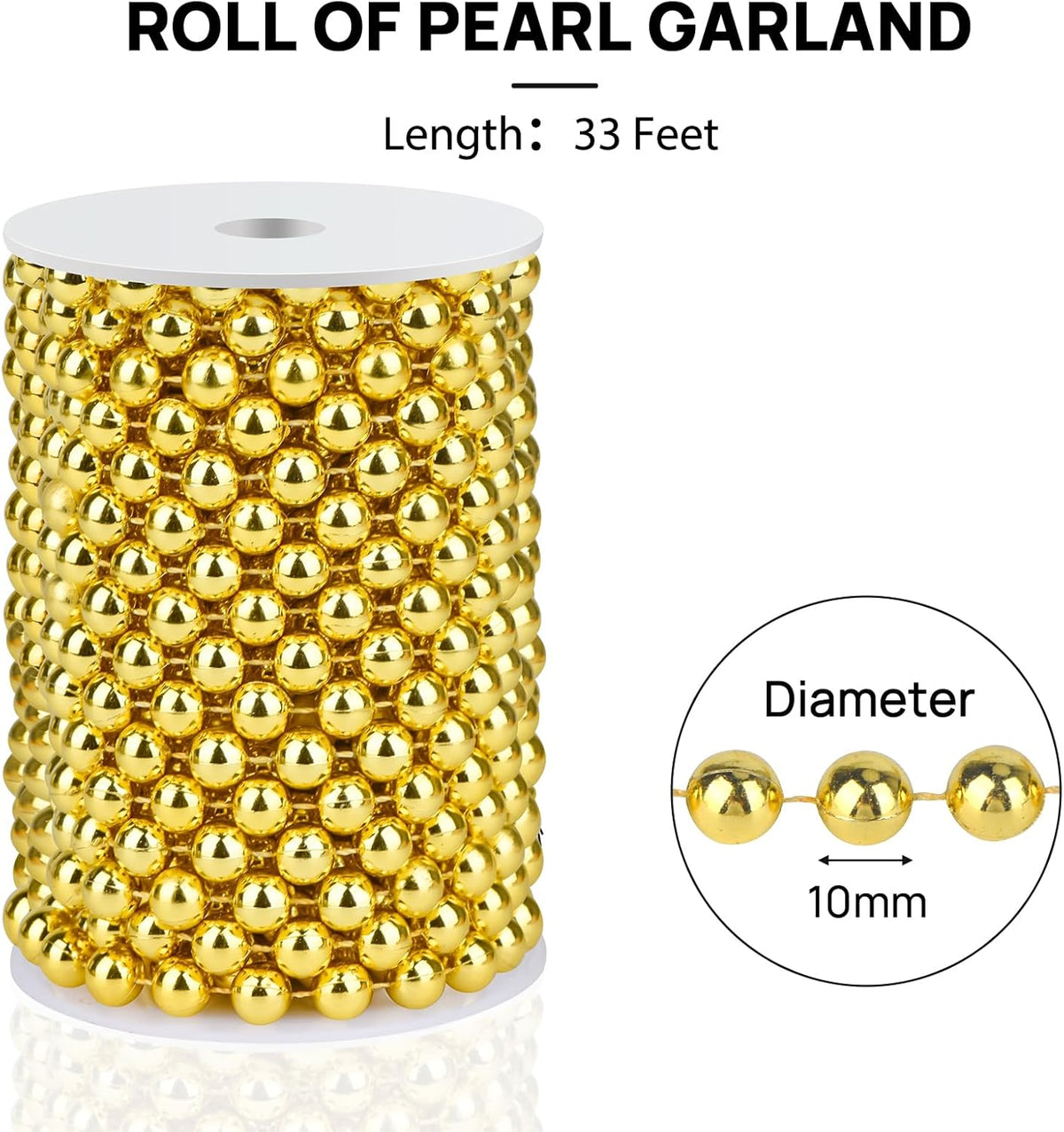 Craft String Pearls 10MM Pearl Bead, 33Feet Gold Faux Pearl Garland Spool Roll Strand Wedding Party