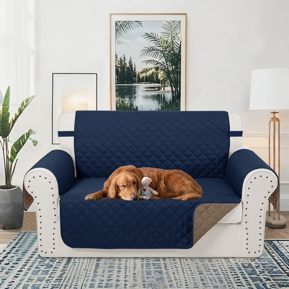 Reversible Loveseat Sofa Covers Couch Cover Furniture Protector(Loveseat,Navy/Camel)