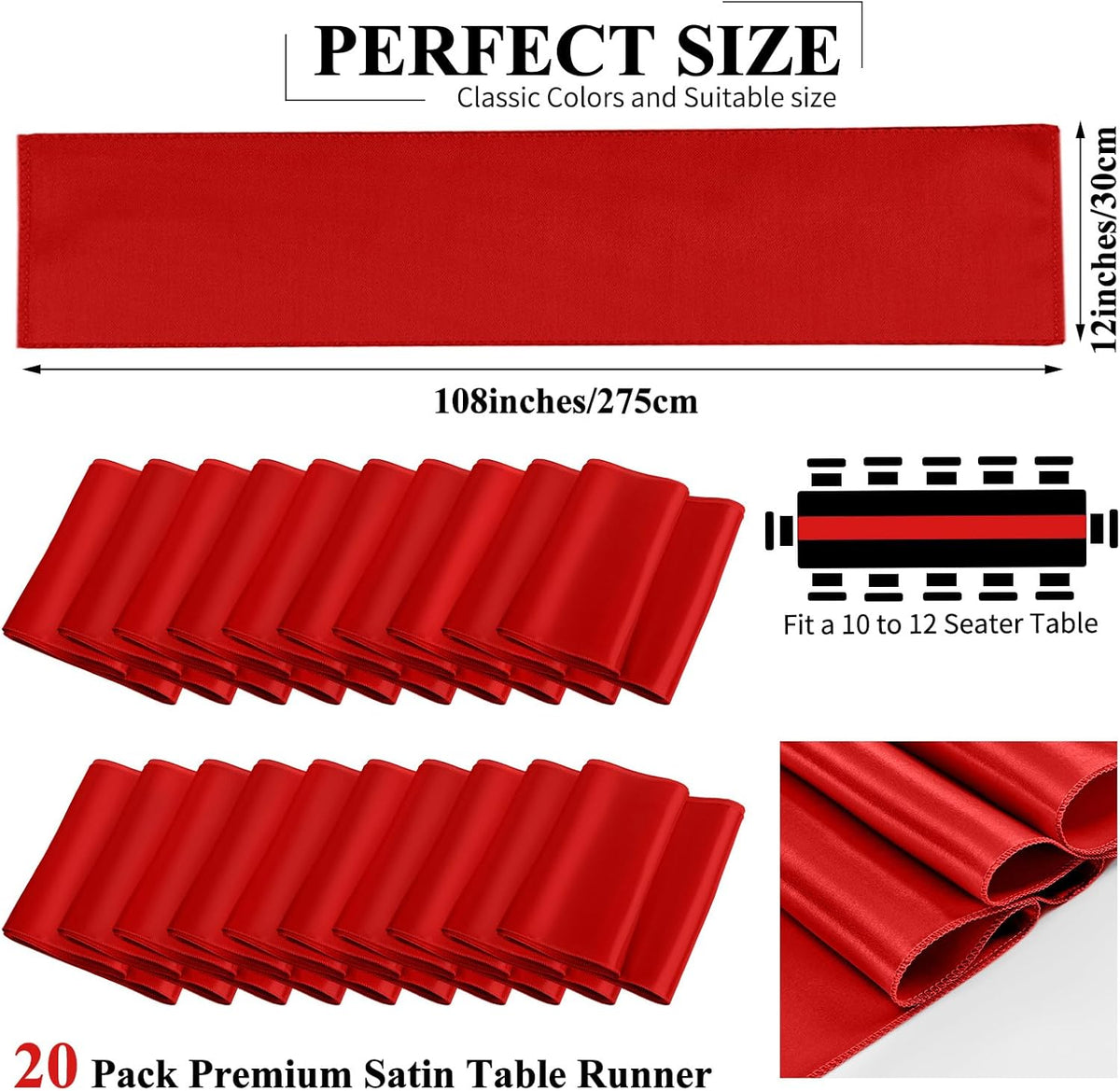 20 Pack Red Satin Table Runner,12 x 108 inch Long Premium Smooth Red Table Runners for Wedding