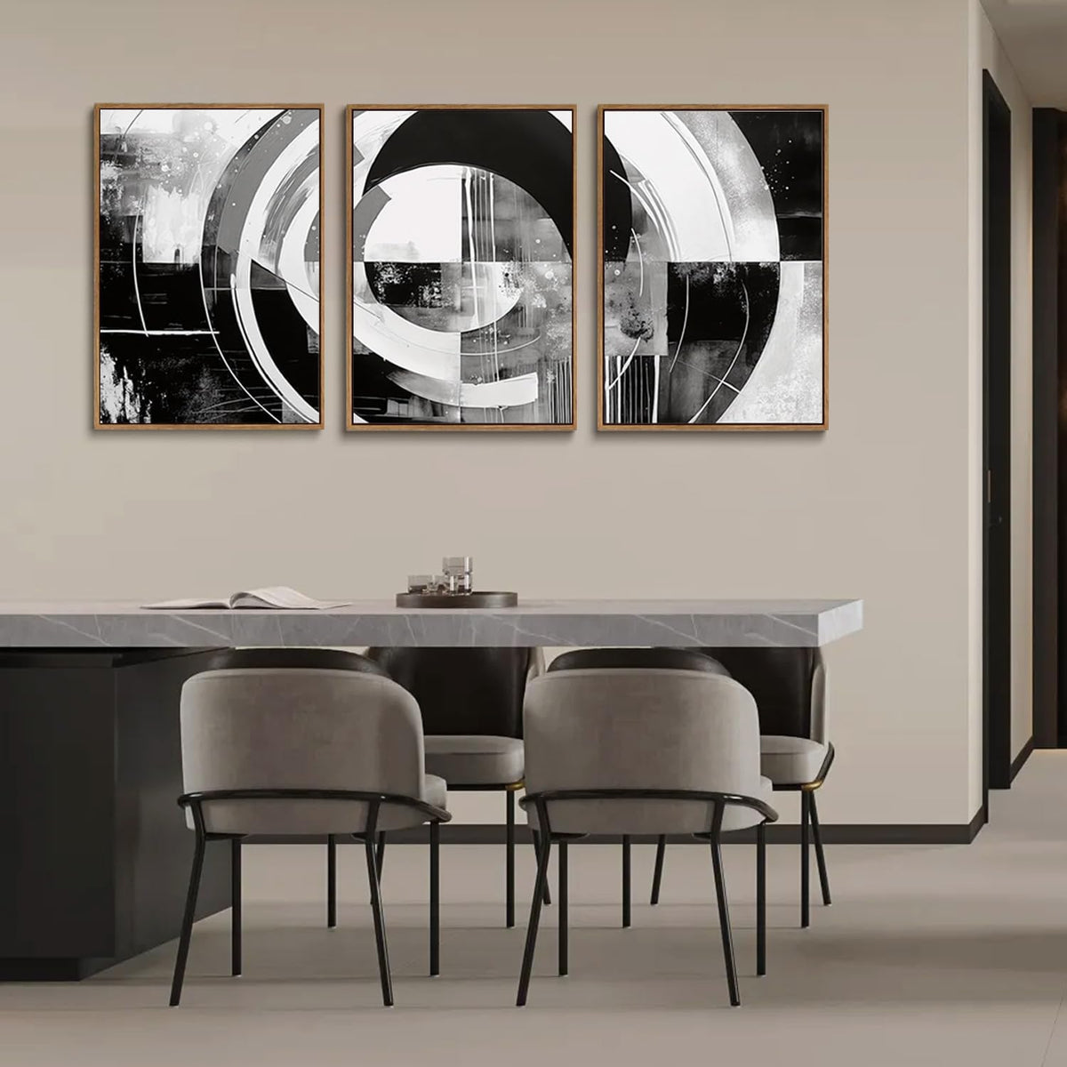 myusuar 3 Piece Large Modern Abstract Canvas Framed Wall Art For Living Room, Black And White Rings