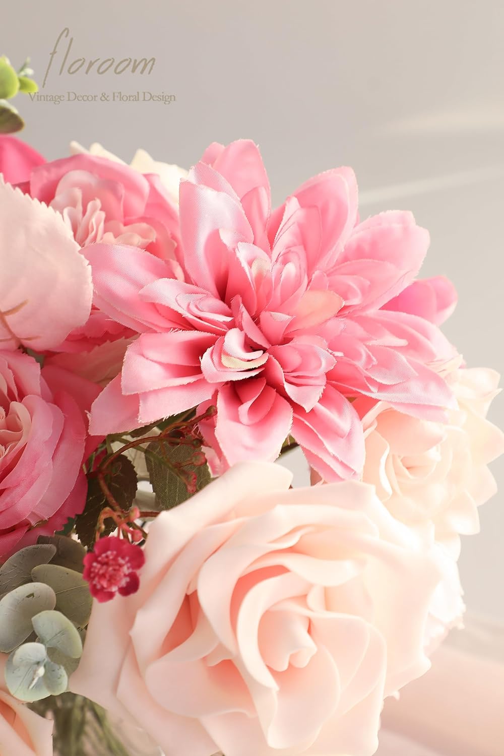 Floroom Hot Pink Blush Artificial Flowers Fake Roses Peonies Dahlias and Greenery Combo Box Set for