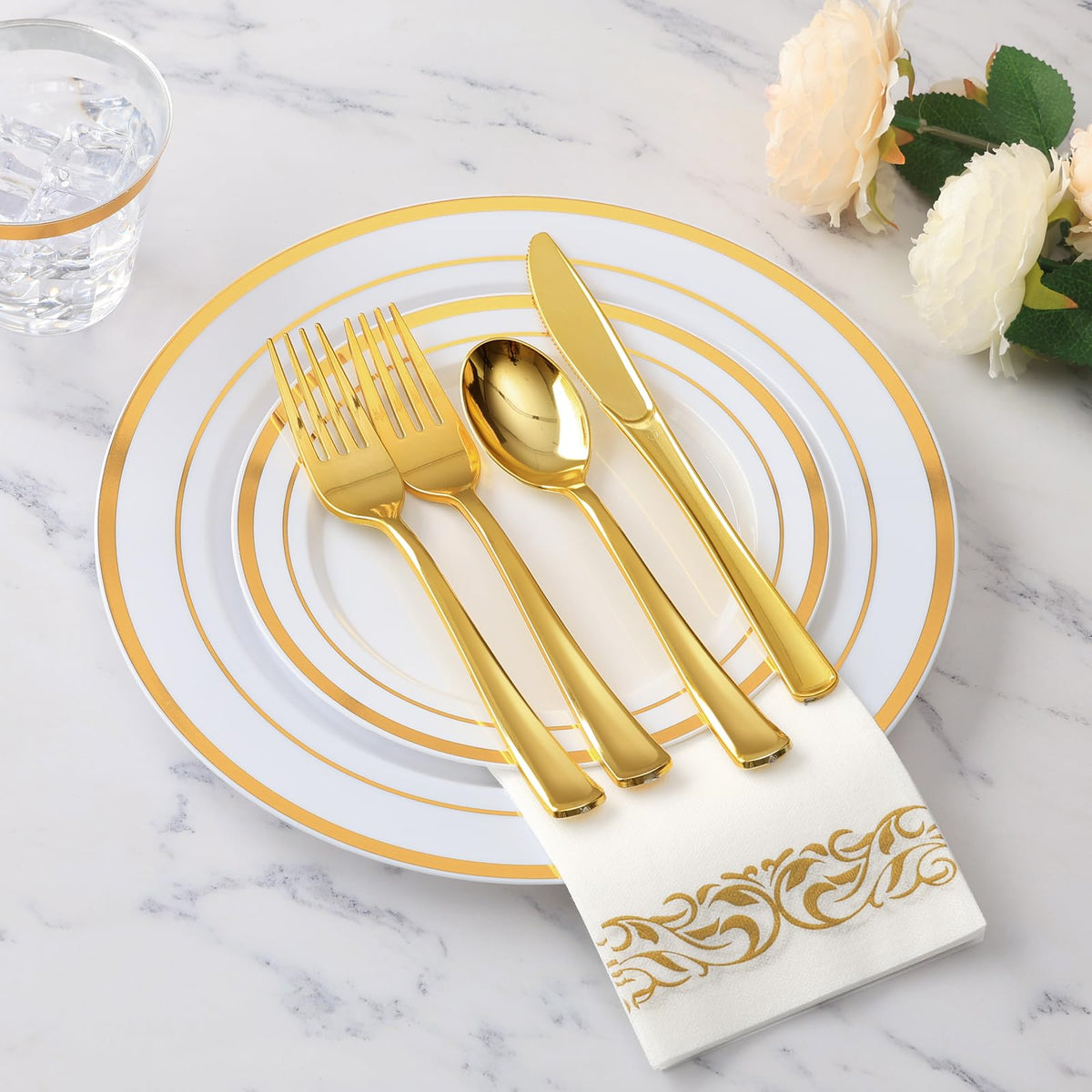 Goodluck 700 Piece Gold Dinnerware Set for 100 Guests, Disposable Plate Set