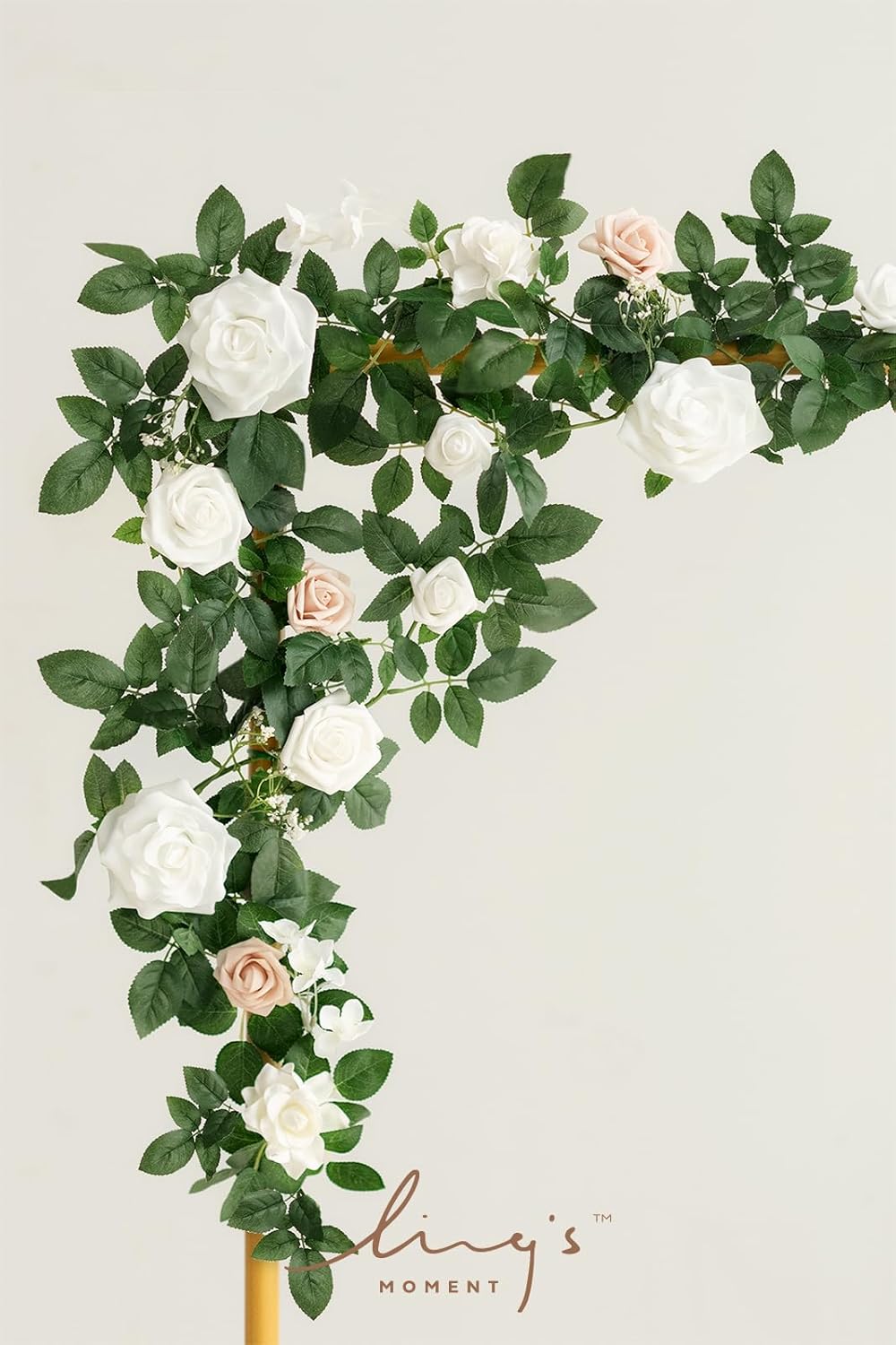 Ling's moment 5FT White Artificial Flower Garland Fake Rose Green Leaves Floral Garland Arch
