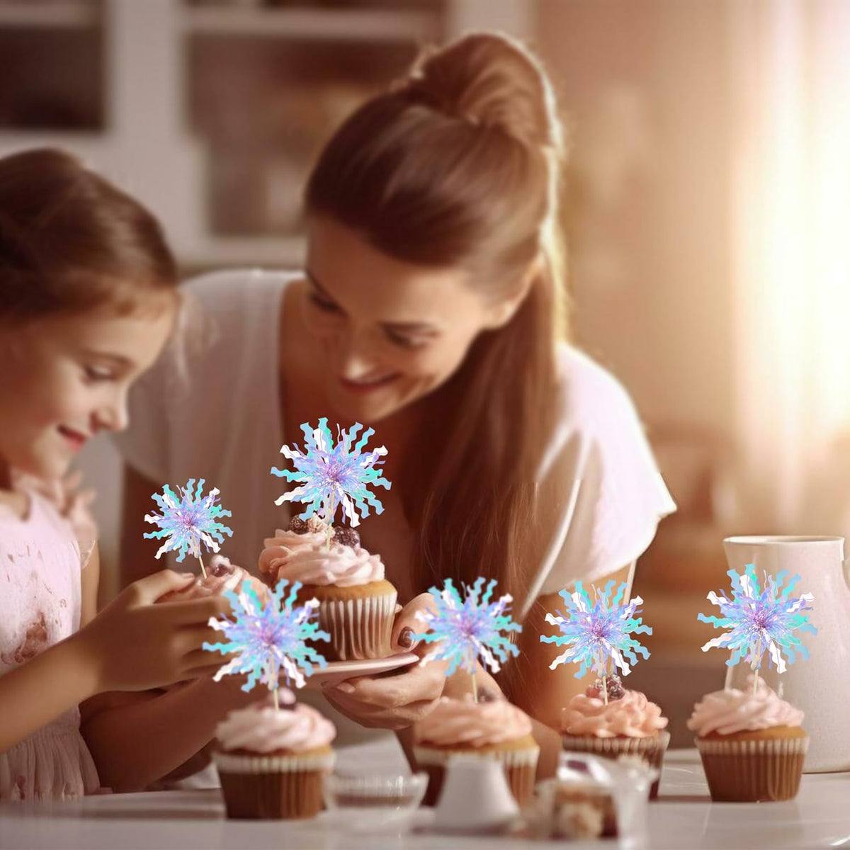 Gyufise 20Pcs Foil Firework Cupcake Toppers Happy Birthday Cake Toppers Sparkle Tinsel Flower Drink