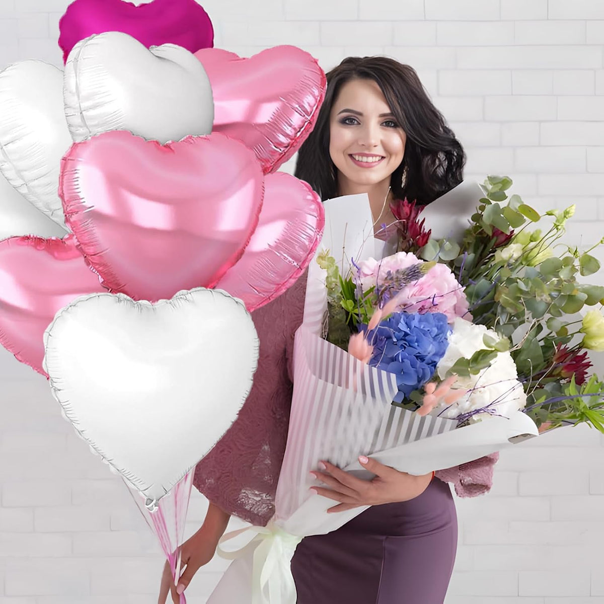 Rose Heart Balloons,18inch Bright Pink Heart Shaped Foil Balloons & White Helium Mylar Balloon for