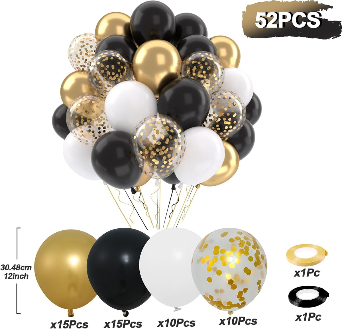 Patimate Black Gold Confetti Balloons Set, 50 pcs 12 inch Metallic Gold Black White Confetti Latex