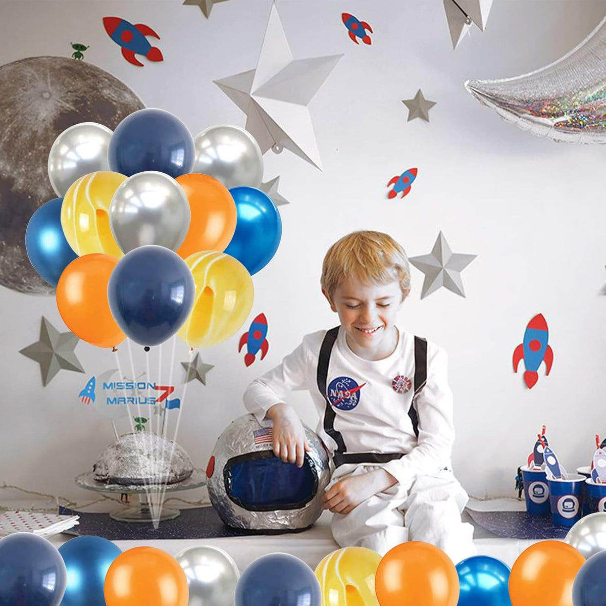60Pcs Balloons Orange Blue, Outer Space Party Balloons Set, Navy Blue Silver Orange Yellow Agate