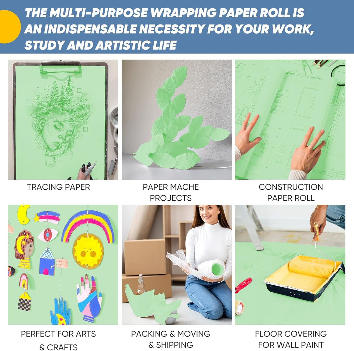 Light Green Wrapping Paper, 15"x900" (75FT) Craft Paper Kraft Paper Roll Poster Bulletin Board