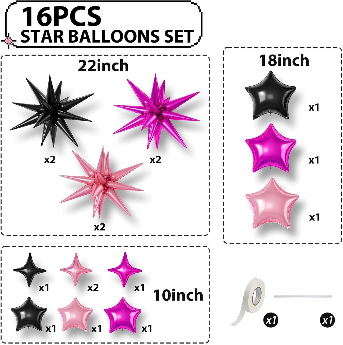 16 Pcs Black Hot Pink Star Balloons, 22/18/10 Inch Foil Balloons, Four-Pointed Balloon for Girl