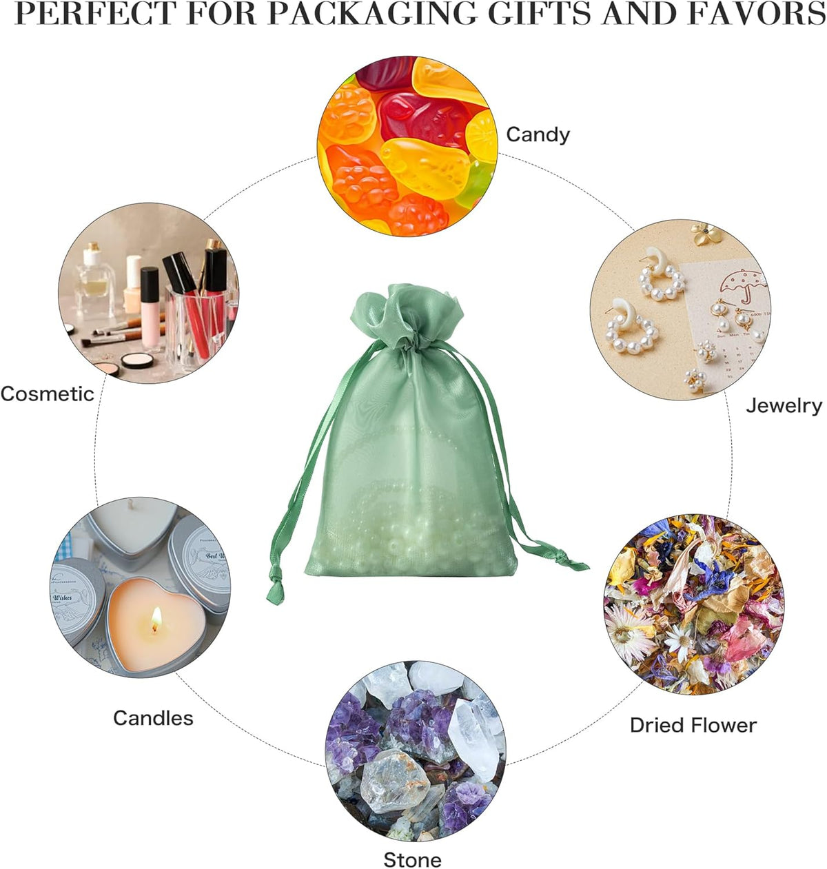QIANF 20 Pcs Sage Green Small Organza Bags 3X4 inch for Wedding Favors with Drawstring, Mini Mesh