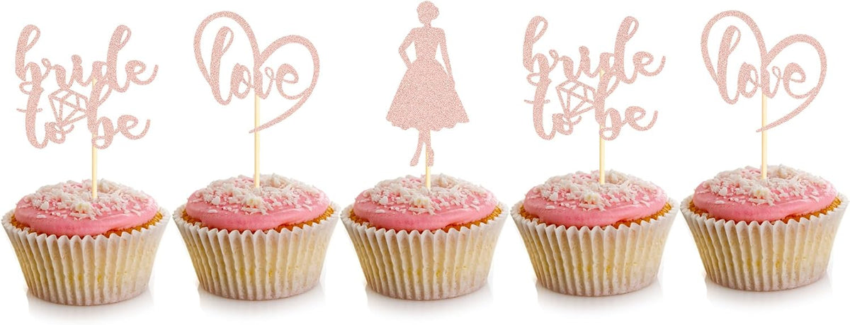 Sotpot 24PCS Bride to Be Cupcake Toppers with Heart Rose Gold Glitter Dress Bridal Shower Cupcake