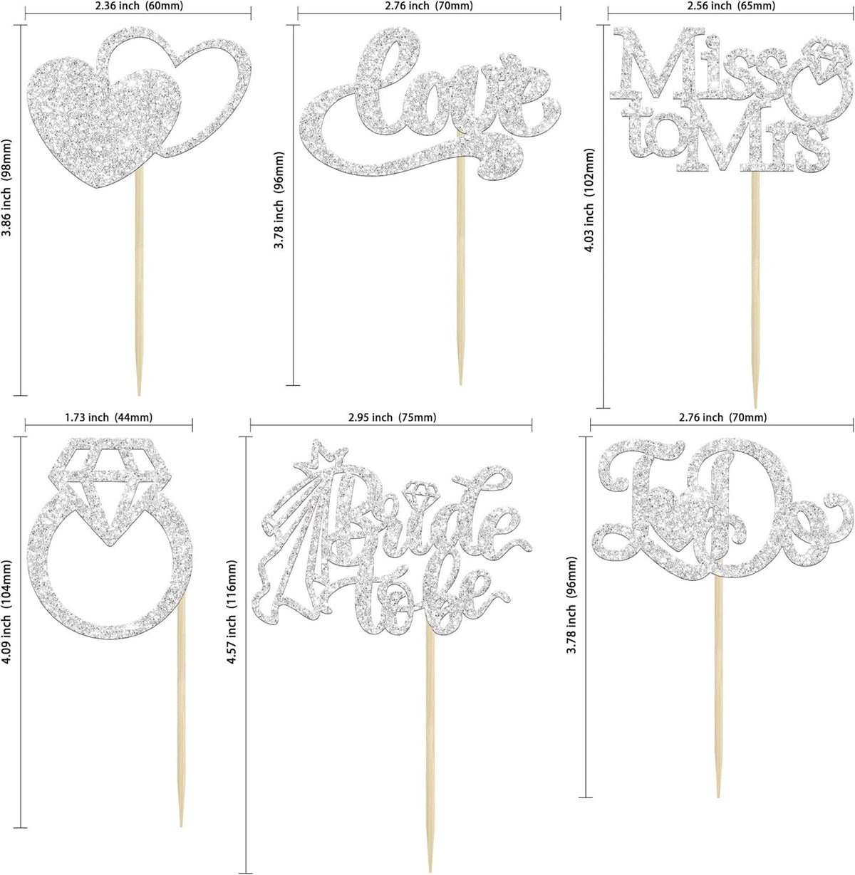 Gyufise 24Pcs Bride to Be Cupcake Toppers Silver Glitter I Do Love Heart Ring Miss To Mrs Cupcake