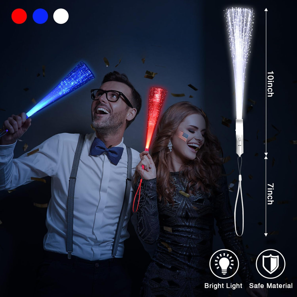 48 PCS Red Blue White Glow Fiber Wands Sticks LED Light Wands 3 Modes Flashing Fiber Optic Light