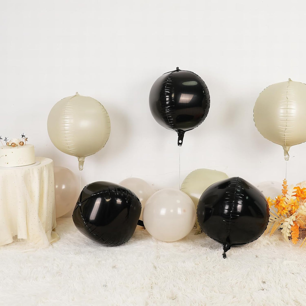 6Pcs Black Sand White Round Foil Balloons,Giant 4D Round Ball Balloon,22 Inch Balloons for Birthday